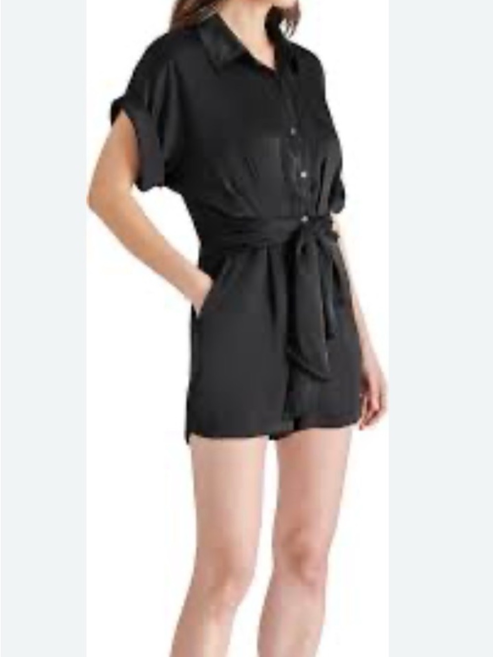 Steve Madden Black Satin Button-Front Tie-Waist Romper